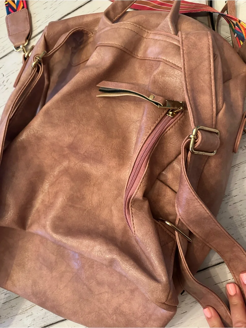 Blush Pink Vegan Leather Backpack with Colorful Strap